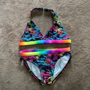 OP 2 pc swimsuit bikini size 7/8 medium girls black paisley rainbow butterfly